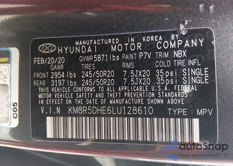 2020 Hyundai Palisade Limited z USA, uszkodzony, nr VIN KM8R5DHE6LU128610